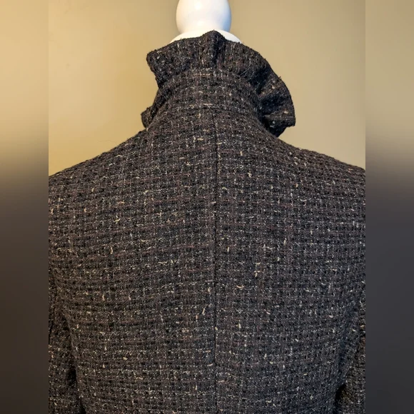 DKNY Women’s Sz 12 Ruffled Black & White Tweed Wool Blend Lined Coat DKNY Coat - Picture 9 of 13